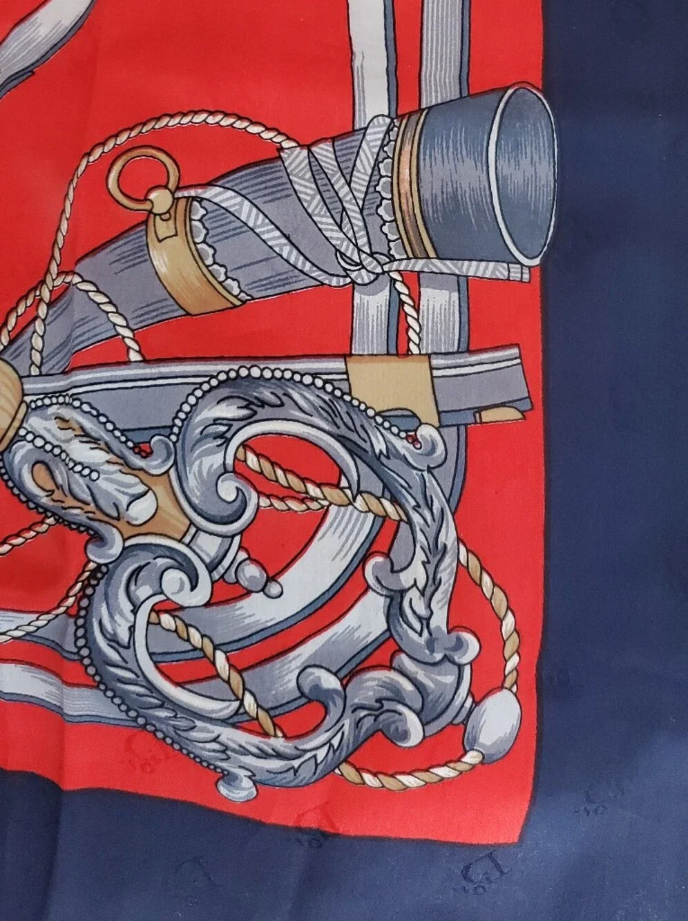 Vintage Christian Dior Silk Scarf Equestrian Hunting Weapon Motif Red Navy Blue
